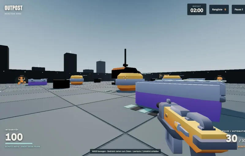 OUTPOST: Blick durch die 3D-Arena mit Robotern und Energieblaster